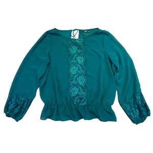 A.N.A. A New Approach Teal Lace Trim Peplum Blouse Women's Size L Long Sleeve